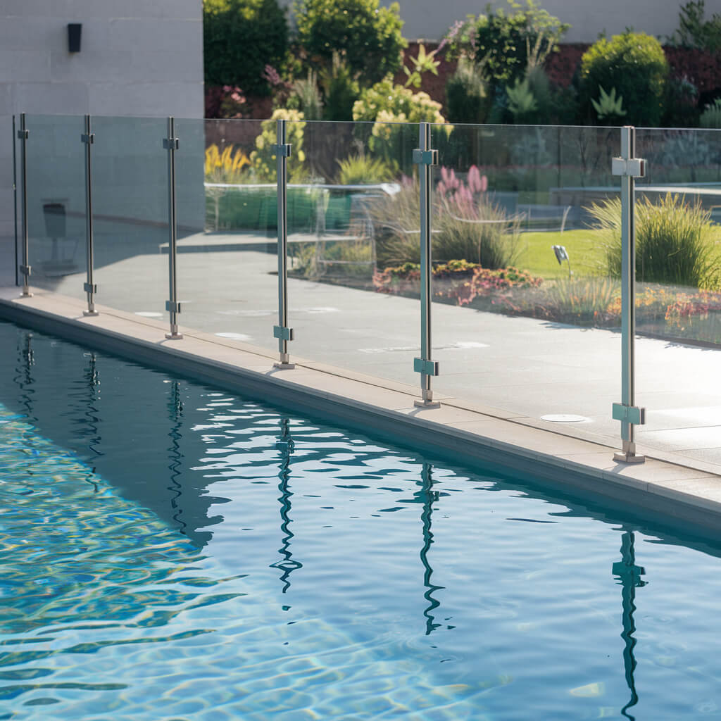 Clôture de verre moderne pour contour de piscine avec vue dégagée